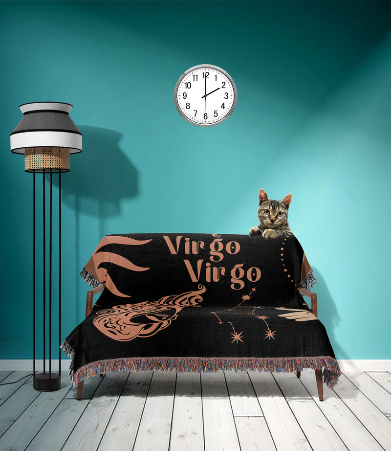 Virgo and Virgo Zodiac Compatibility Woven Throw Tapestry - Elevate home decor with this boho-inspired, celestial charm blanket. Perfect for astrology enthusiasts, featuring Virgo and Virgo sun signs, adding unique, artistic flair to your living space. Premium cotton, cozy, and decorative.