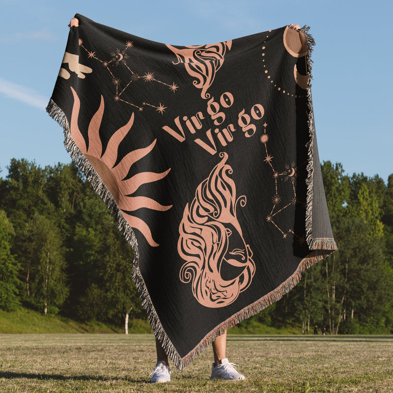 Virgo and Virgo Zodiac Compatibility Woven Throw Tapestry - Elevate home decor with this boho-inspired, celestial charm blanket. Perfect for astrology enthusiasts, featuring Virgo and Virgo sun signs, adding unique, artistic flair to your living space. Premium cotton, cozy, and decorative.