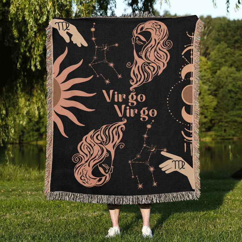 Virgo and Virgo Zodiac Compatibility Woven Throw Tapestry - Elevate home decor with this boho-inspired, celestial charm blanket. Perfect for astrology enthusiasts, featuring Virgo and Virgo sun signs, adding unique, artistic flair to your living space. Premium cotton, cozy, and decorative.