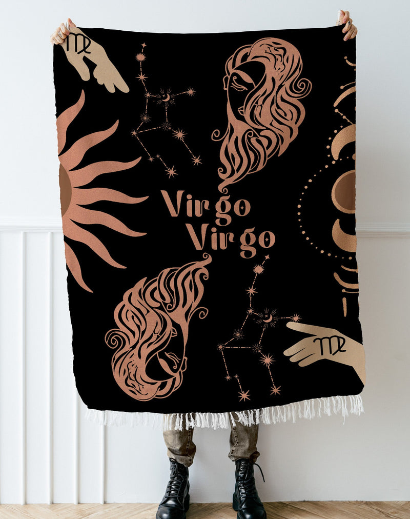 Virgo and Virgo Zodiac Compatibility Woven Throw Tapestry - Elevate home decor with this boho-inspired, celestial charm blanket. Perfect for astrology enthusiasts, featuring Virgo and Virgo sun signs, adding unique, artistic flair to your living space. Premium cotton, cozy, and decorative.