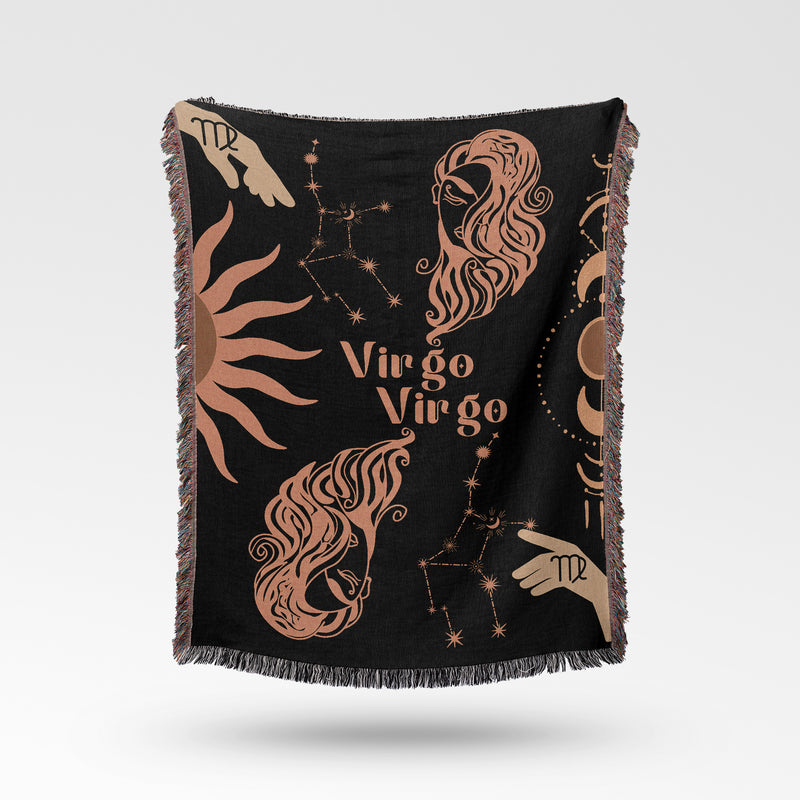 Virgo and Virgo Zodiac Compatibility Woven Throw Tapestry - Elevate home decor with this boho-inspired, celestial charm blanket. Perfect for astrology enthusiasts, featuring Virgo and Virgo sun signs, adding unique, artistic flair to your living space. Premium cotton, cozy, and decorative.