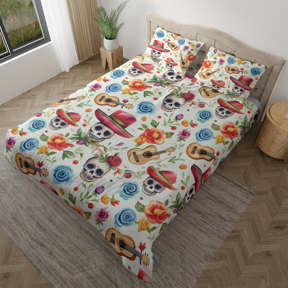 Watercolor Day of the Dead bedding displayed at an angle on a bed