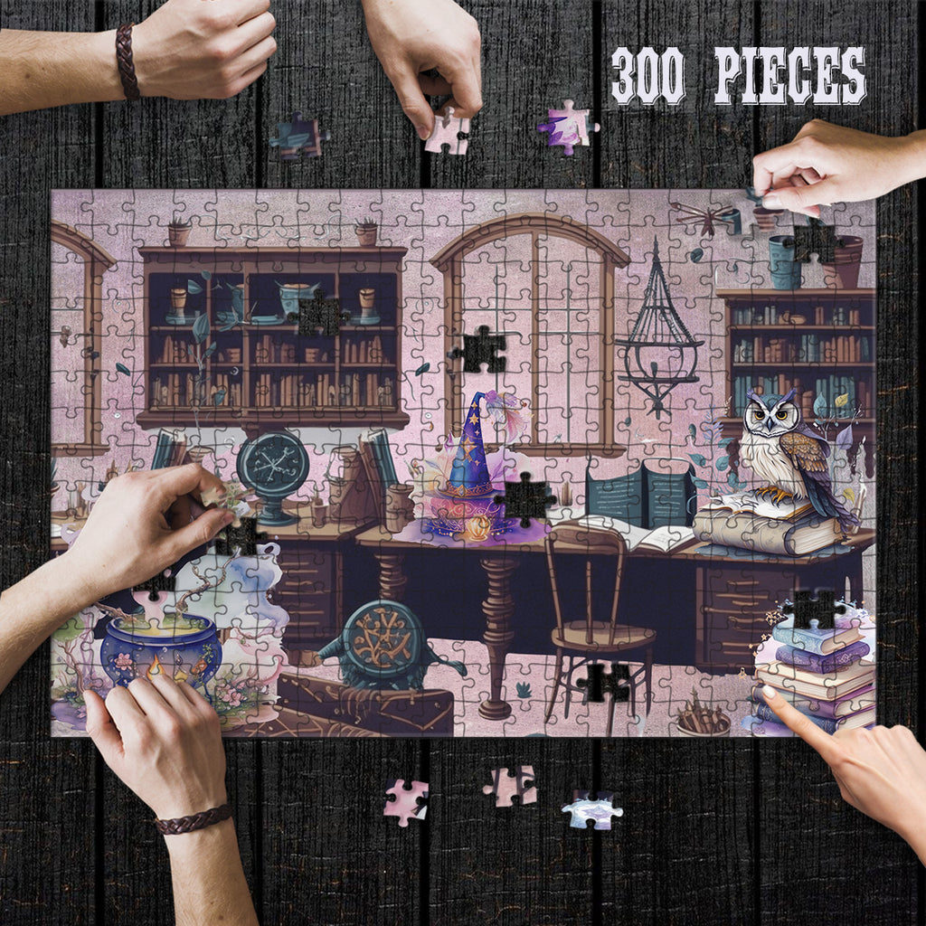 Hands assembling the 300-piece Wizard Workshop and Owl wooden jigsaw puzzle