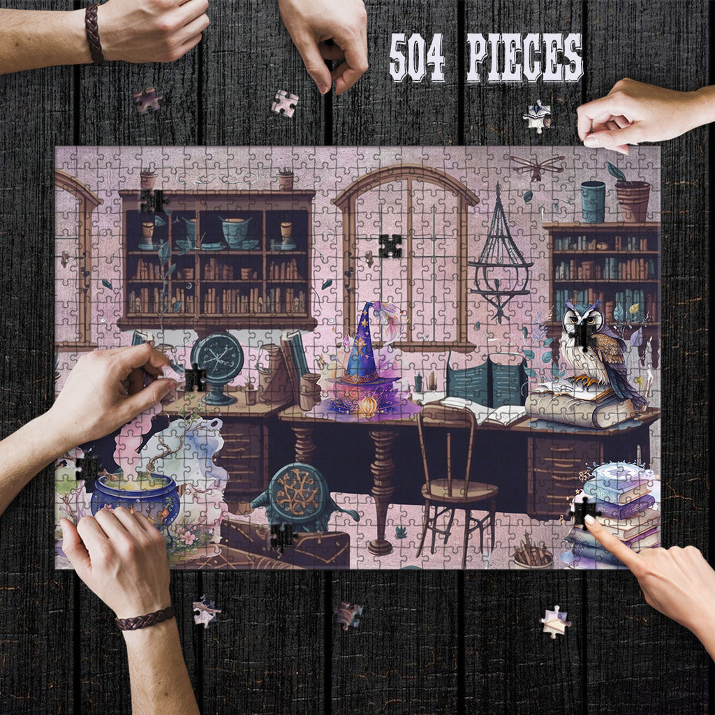 Hands assembling the 504-piece Wizard Workshop and Owl wooden jigsaw puzzle