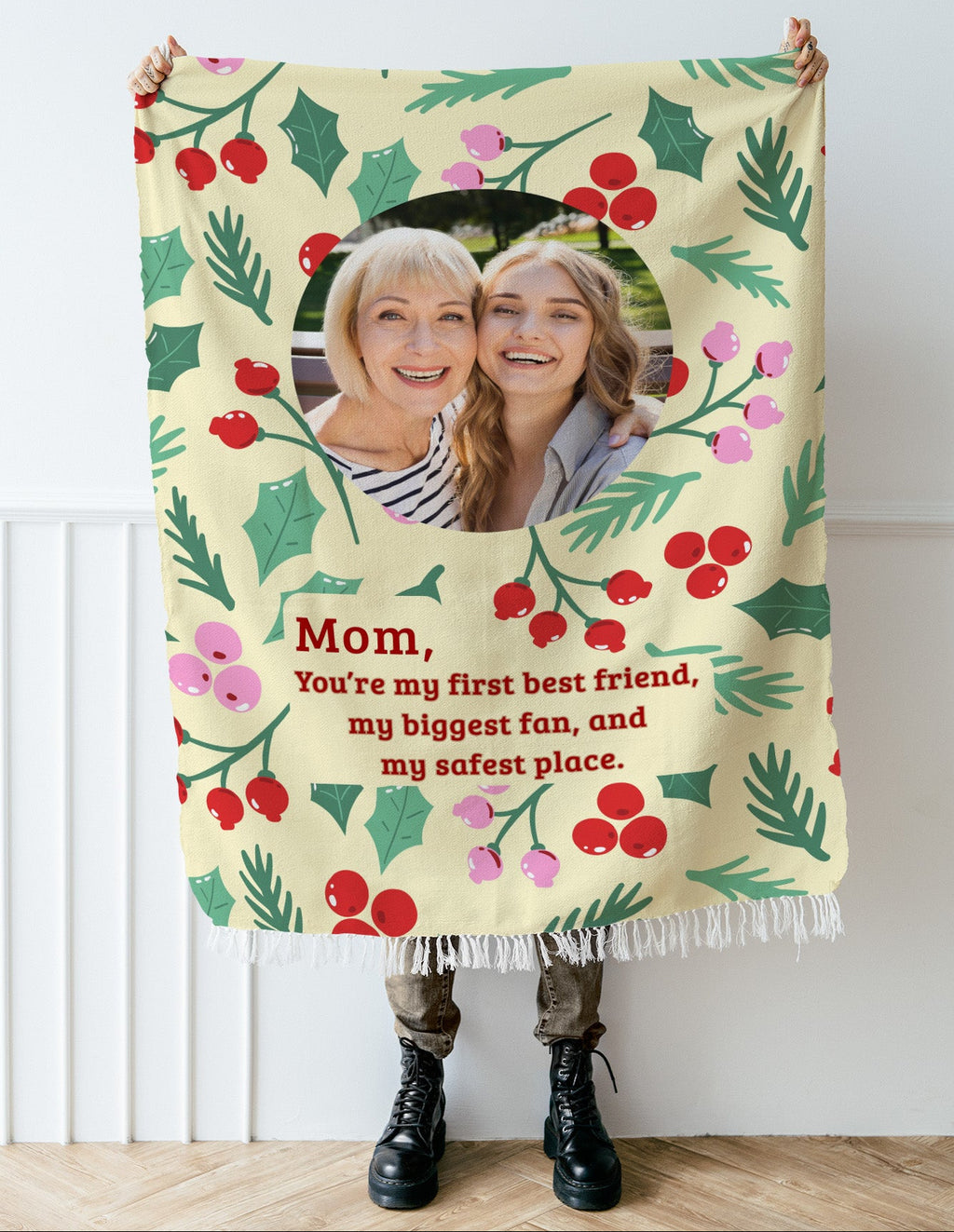 Personalized Christmas photo blanket for Mom in 52 by 37 inch size