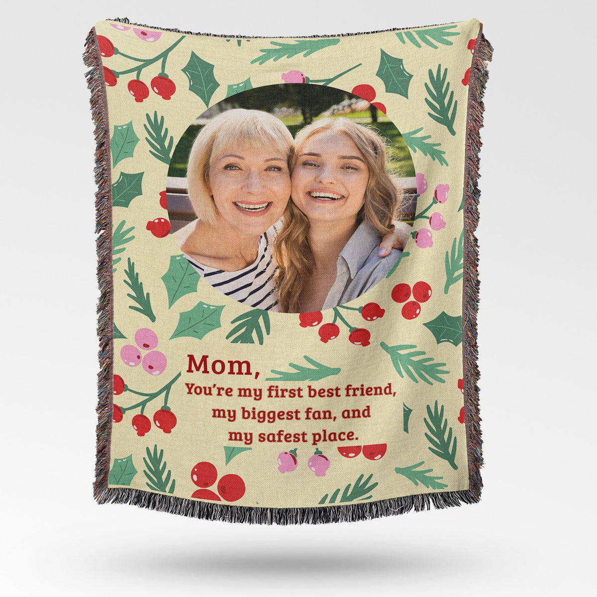 Personalized Christmas photo blanket for Mom with custom picture and heartfelt message