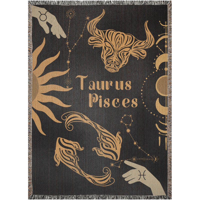 Taurus and Pisces Zodiac Compatibility Woven Throw Tapestry - Elevate home decor with this boho-inspired, celestial charm blanket. Perfect for astrology enthusiasts, featuring Taurus and Pisces sun signs, adding unique, artistic flair to your living space. Premium cotton, cozy, and decorative.