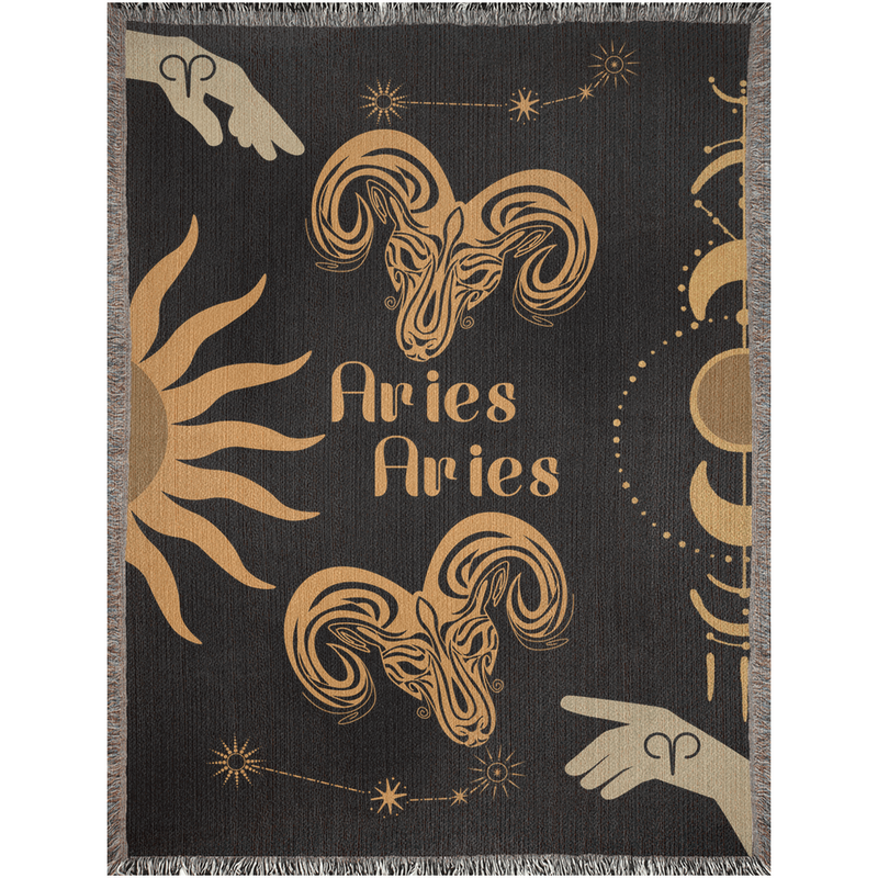 Woven tapestry throw blanket featuring the Aries and Aries zodiac symbols. Perfect for astrology enthusiasts, this cotton throw blanket adds a touch of boho style and celestial charm to your home decor.