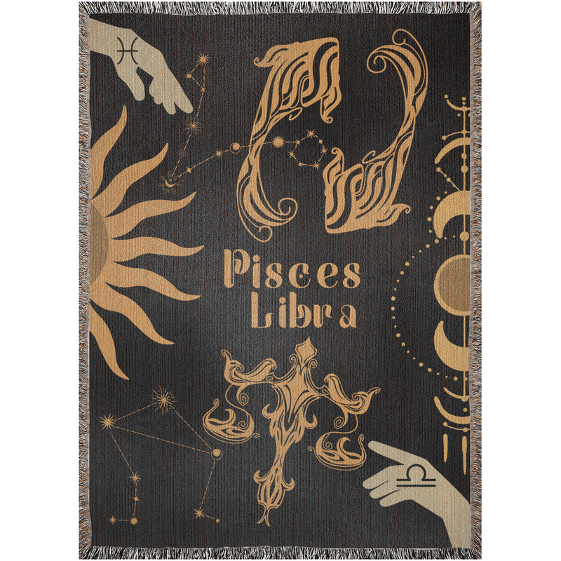 Libra and Pisces Zodiac Compatibility Woven Throw Tapestry - Elevate home decor with this boho-inspired, celestial charm blanket. Perfect for astrology enthusiasts, featuring Libra and Pisces sun signs, adding unique, artistic flair to your living space. Premium cotton, cozy, and decorative.