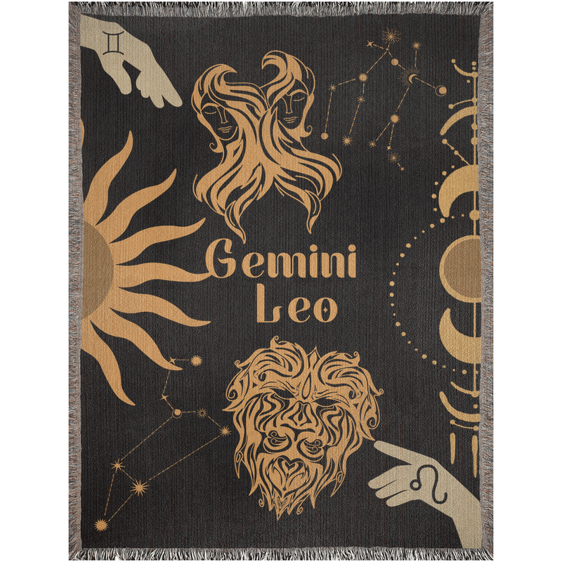 Gemini and Leo Zodiac Compatibility Woven Throw Tapestry - Elevate home decor with this boho-inspired, celestial charm blanket. Perfect for astrology enthusiasts, featuring Gemini and Leo sun signs, adding unique, artistic flair to your living space. Premium cotton, cozy, and decorative.