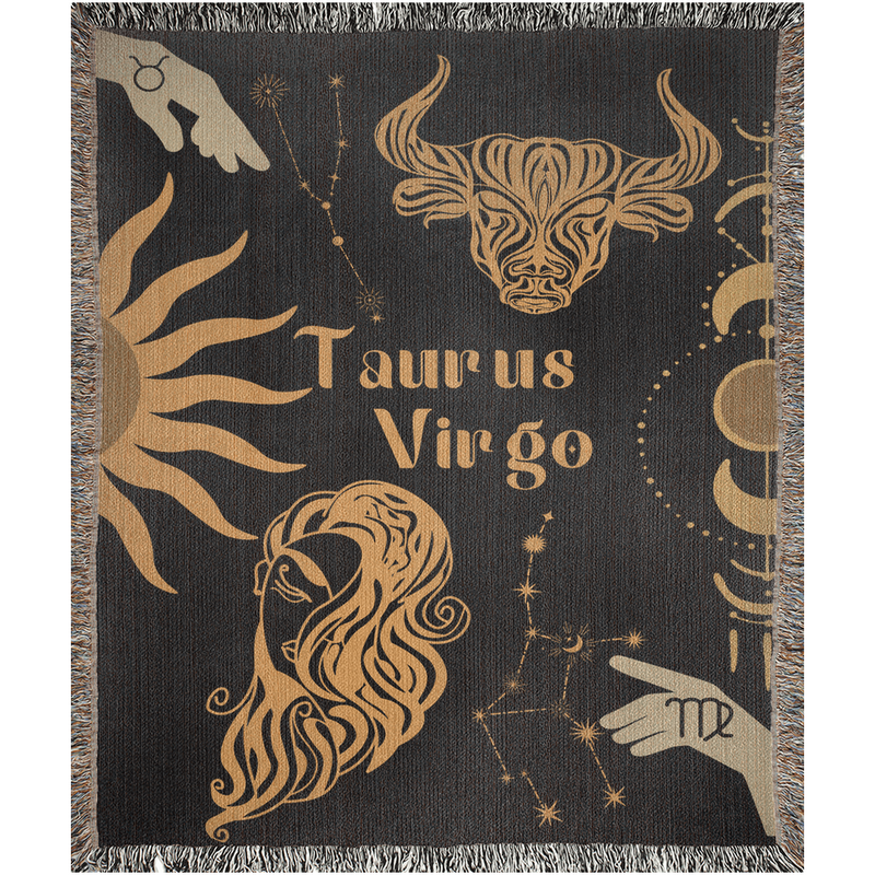 Virgo and Taurus Zodiac Compatibility Woven Throw Tapestry - Elevate home decor with this boho-inspired, celestial charm blanket. Perfect for astrology enthusiasts, featuring Virgo and Taurus sun signs, adding unique, artistic flair to your living space. Premium cotton, cozy, and decorative.