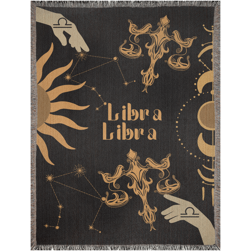 Libra and Libra Zodiac Compatibility Woven Throw Tapestry - Elevate home decor with this boho-inspired, celestial charm blanket. Perfect for astrology enthusiasts, featuring Libra and Libra sun signs, adding unique, artistic flair to your living space. Premium cotton, cozy, and decorative.