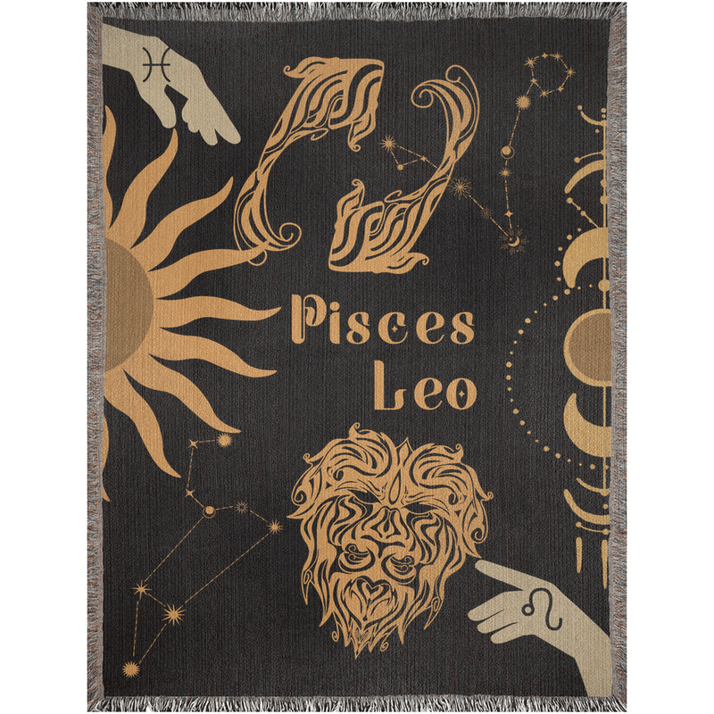 Leo and Pisces Zodiac Compatibility Woven Throw Tapestry - Elevate home decor with this boho-inspired, celestial charm blanket. Perfect for astrology enthusiasts, featuring Leo and Pisces sun signs, adding unique, artistic flair to your living space. Premium cotton, cozy, and decorative.