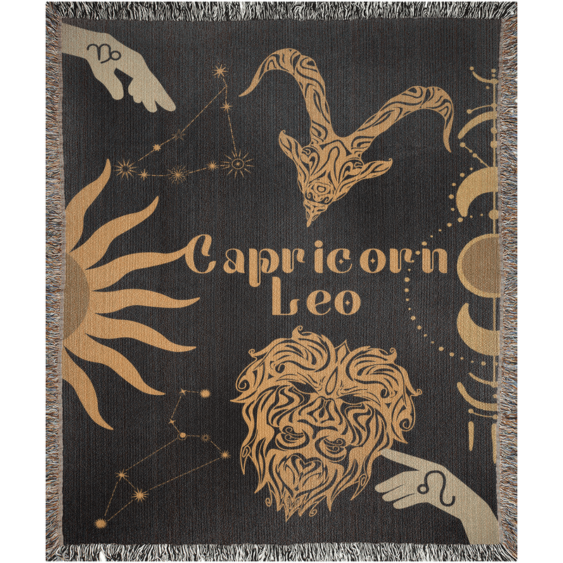 Capricorn and Leo Zodiac Compatibility Woven Throw Tapestry - Elevate home decor with this boho-inspired, celestial charm blanket. Perfect for astrology enthusiasts, featuring Capricorn and Leo sun signs, adding unique, artistic flair to your living space. Premium cotton, cozy, and decorative.