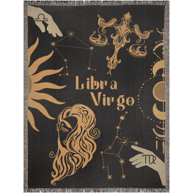 Virgo and Libra Zodiac Compatibility Woven Throw Tapestry - Elevate home decor with this boho-inspired, celestial charm blanket. Perfect for astrology enthusiasts, featuring Virgo and Libra sun signs, adding unique, artistic flair to your living space. Premium cotton, cozy, and decorative.