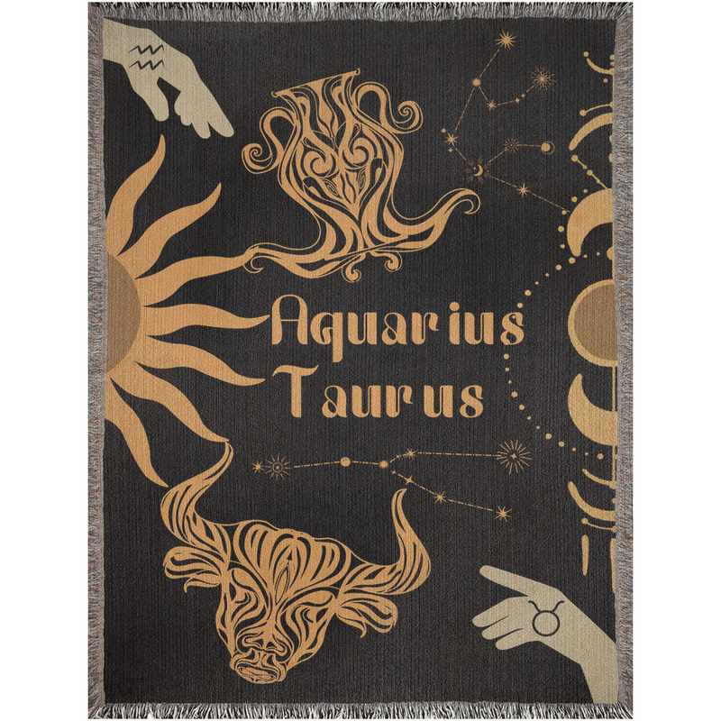 Zodiac Compatibility Match Woven Tapestry Throw Blanket | Astrology-inspired Home Decor | Aquarius & Taurus Horoscope