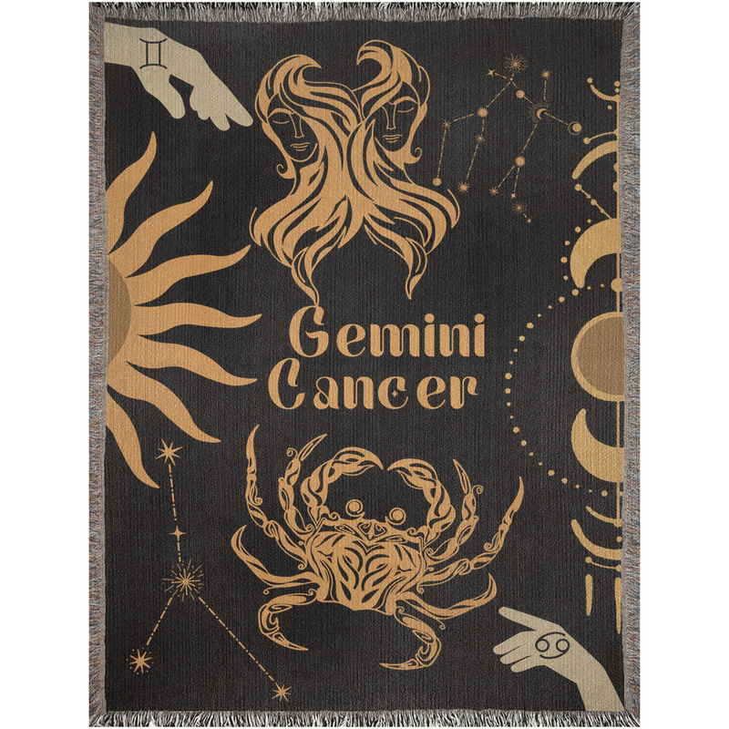 Cancer and Gemini Zodiac Compatibility Woven Throw Tapestry - Elevate home decor with this boho-inspired, celestial charm blanket. Perfect for astrology enthusiasts, featuring Aries and Gemini sun signs, adding unique, artistic flair to your living space. Premium cotton, cozy, and decorative.