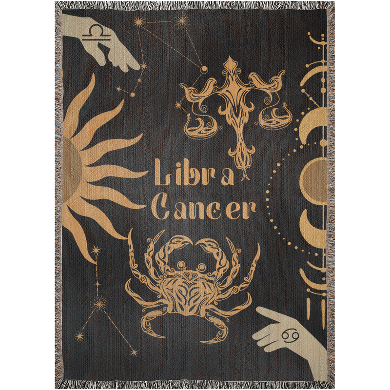 Cancer and Libra Zodiac Compatibility Woven Throw Tapestry - Elevate home decor with this boho-inspired, celestial charm blanket. Perfect for astrology enthusiasts, featuring Cancer and Libra sun signs, adding unique, artistic flair to your living space. Premium cotton, cozy, and decorative.