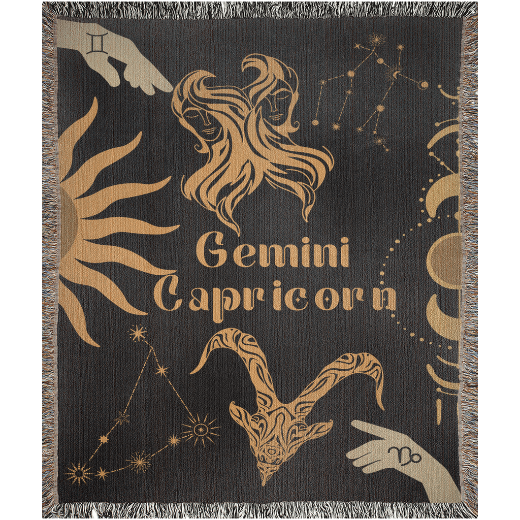 Capricorn and Gemini Zodiac Compatibility Woven Throw Tapestry - Elevate home decor with this boho-inspired, celestial charm blanket. Perfect for astrology enthusiasts, featuring Capricorn and Gemini sun signs, adding unique, artistic flair to your living space. Premium cotton, cozy, and decorative.