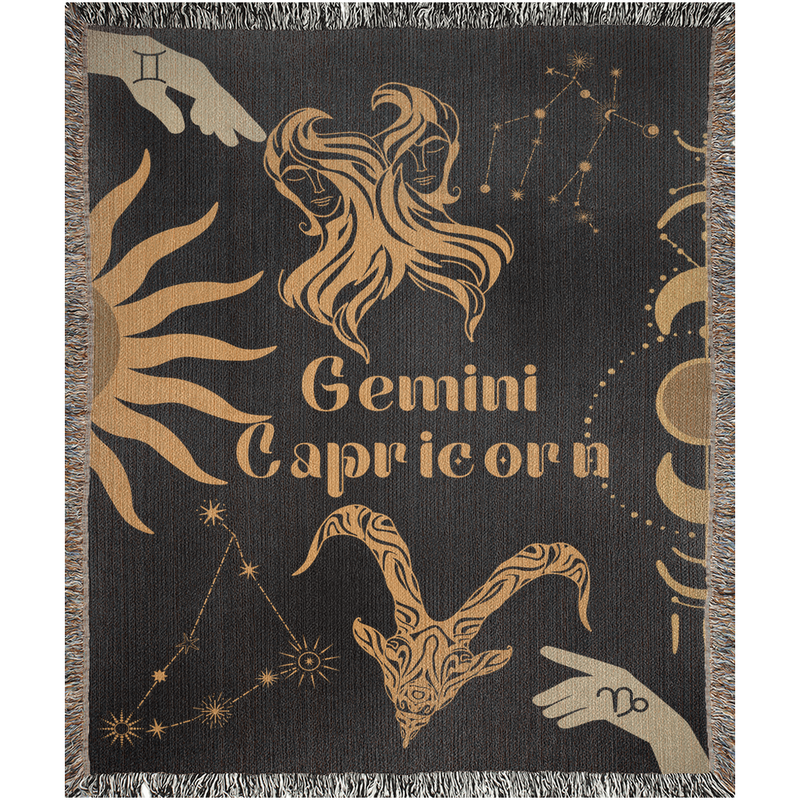 Capricorn and Gemini Zodiac Compatibility Woven Throw Tapestry - Elevate home decor with this boho-inspired, celestial charm blanket. Perfect for astrology enthusiasts, featuring Capricorn and Gemini sun signs, adding unique, artistic flair to your living space. Premium cotton, cozy, and decorative.