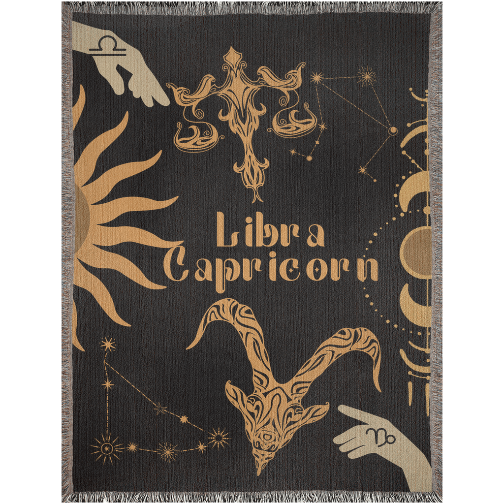 Capricorn and Libra Zodiac Compatibility Woven Throw Tapestry - Elevate home decor with this boho-inspired, celestial charm blanket. Perfect for astrology enthusiasts, featuring Capricorn and Libra sun signs, adding unique, artistic flair to your living space. Premium cotton, cozy, and decorative.
