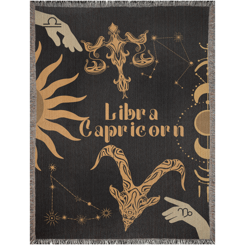 Capricorn and Libra Zodiac Compatibility Woven Throw Tapestry - Elevate home decor with this boho-inspired, celestial charm blanket. Perfect for astrology enthusiasts, featuring Capricorn and Libra sun signs, adding unique, artistic flair to your living space. Premium cotton, cozy, and decorative.