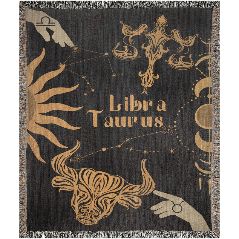 Taurus and Libra Zodiac Compatibility Woven Throw Tapestry - Elevate home decor with this boho-inspired, celestial charm blanket. Perfect for astrology enthusiasts, featuring Taurus and Libra sun signs, adding unique, artistic flair to your living space. Premium cotton, cozy, and decorative.