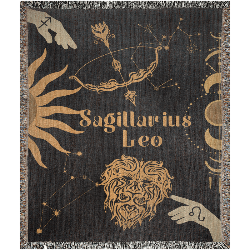 Leo and Sagittarius Zodiac Compatibility Woven Throw Tapestry - Elevate home decor with this boho-inspired, celestial charm blanket. Perfect for astrology enthusiasts, featuring Leo and Sagittarius sun signs, adding unique, artistic flair to your living space. Premium cotton, cozy, and decorative.