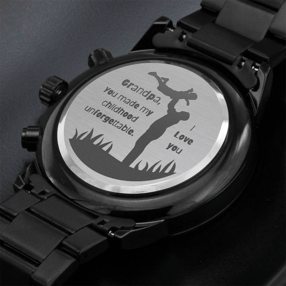 Engraved Black Chronograph Watch - Personalized Gift for Grandpa | Durable, Stylish, and Functional - Unforgettable Childhood