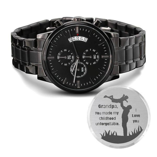 Engraved Black Chronograph Watch - Personalized Gift for Grandpa | Durable, Stylish, and Functional - Unforgettable Childhood