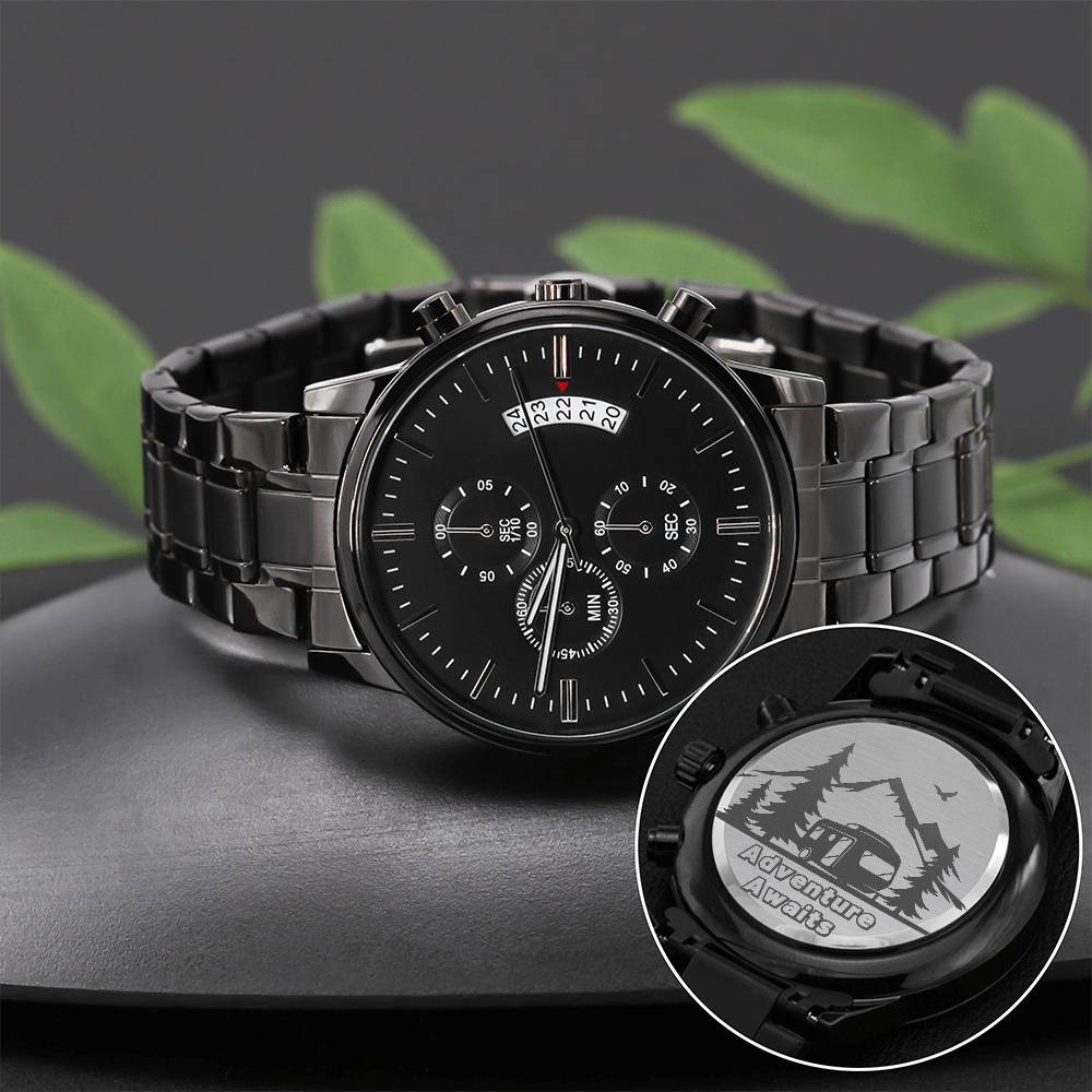 Engraved Black Chronograph Watch - Thoughtful Gift for Grandpa who has everything | Durable, Stylish, and Functional - Camping Memories