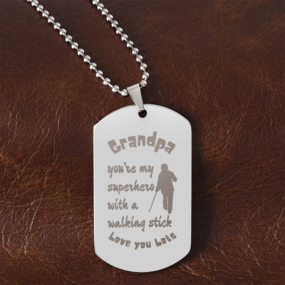 Engraved Dog Tag Necklace with Ball Chain | Personalized Unique Sentimental Gift for Grandfather who has everything | Superhero with Walking Stick