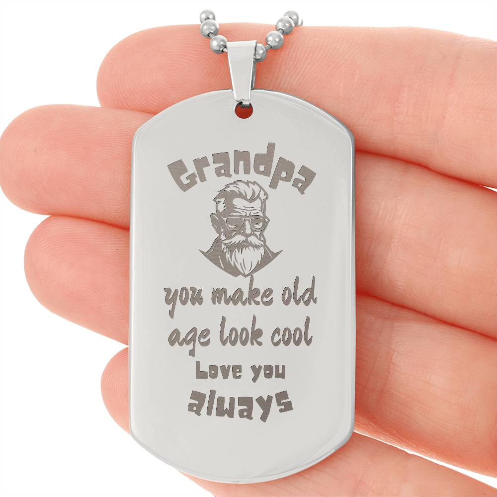 Engraved Dog Tag Necklace with Ball Chain | Personalized Unique Sentimental Gift for Grandfather who has everything  | Cool Grandpa