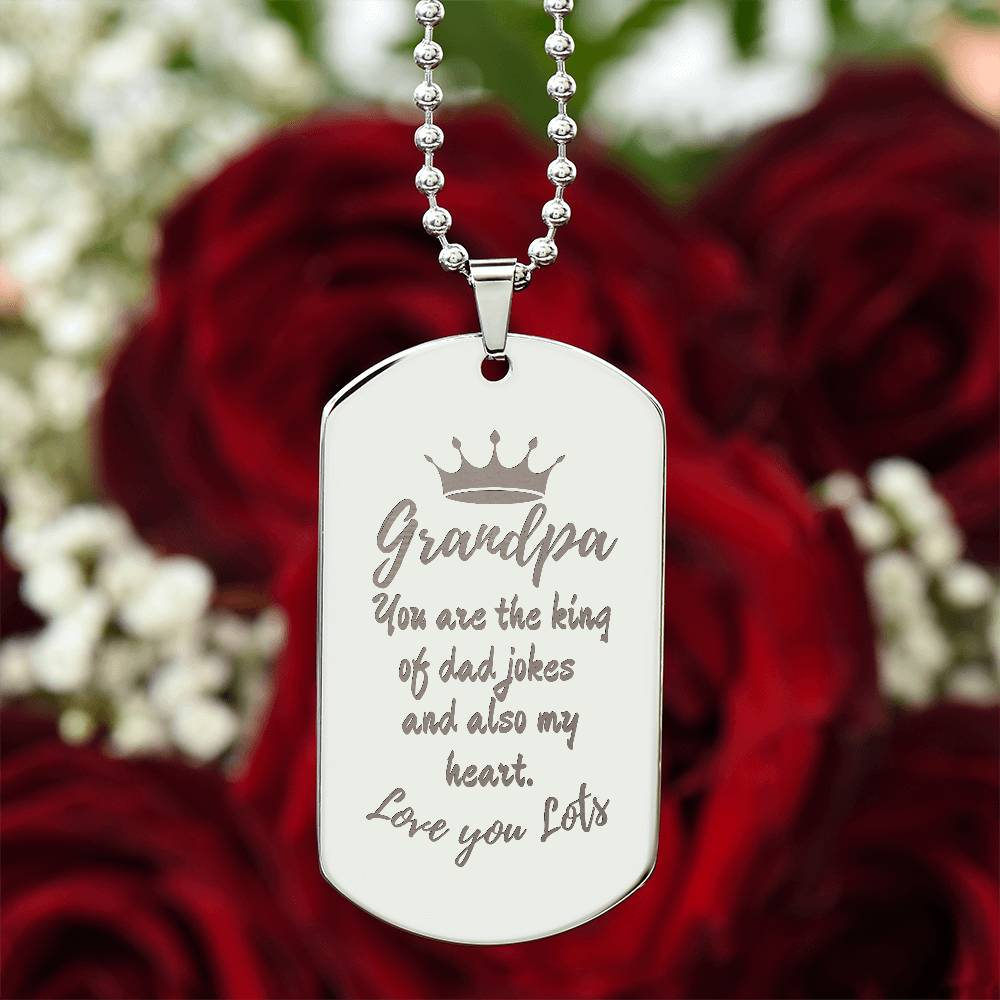 Engraved Dog Tag Necklace with Ball Chain | Personalized Unique Sentimental Gift for Grandfather who has everything | King of Dad Jokes