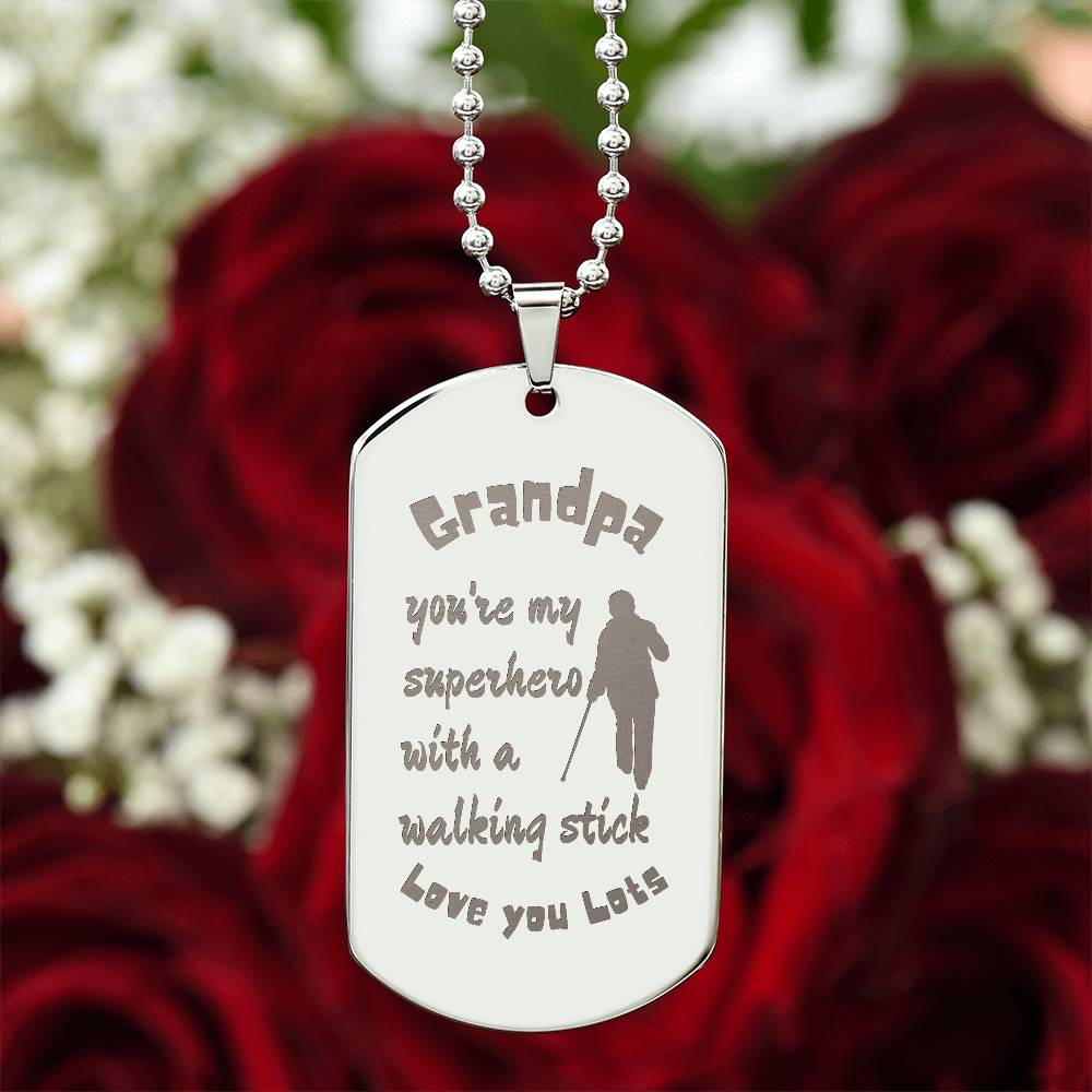 Engraved Dog Tag Necklace with Ball Chain | Personalized Unique Sentimental Gift for Grandfather who has everything | Superhero with Walking Stick