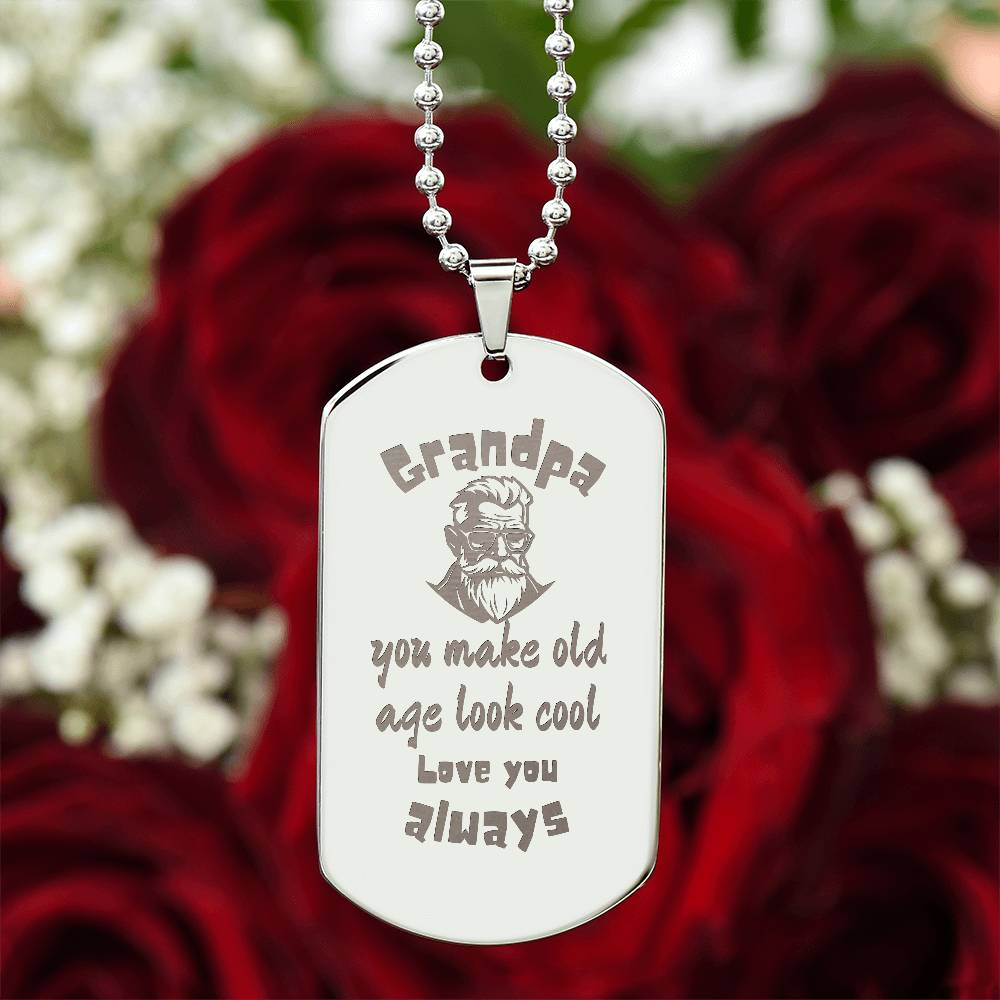 Engraved Dog Tag Necklace with Ball Chain | Personalized Unique Sentimental Gift for Grandfather who has everything  | Cool Grandpa