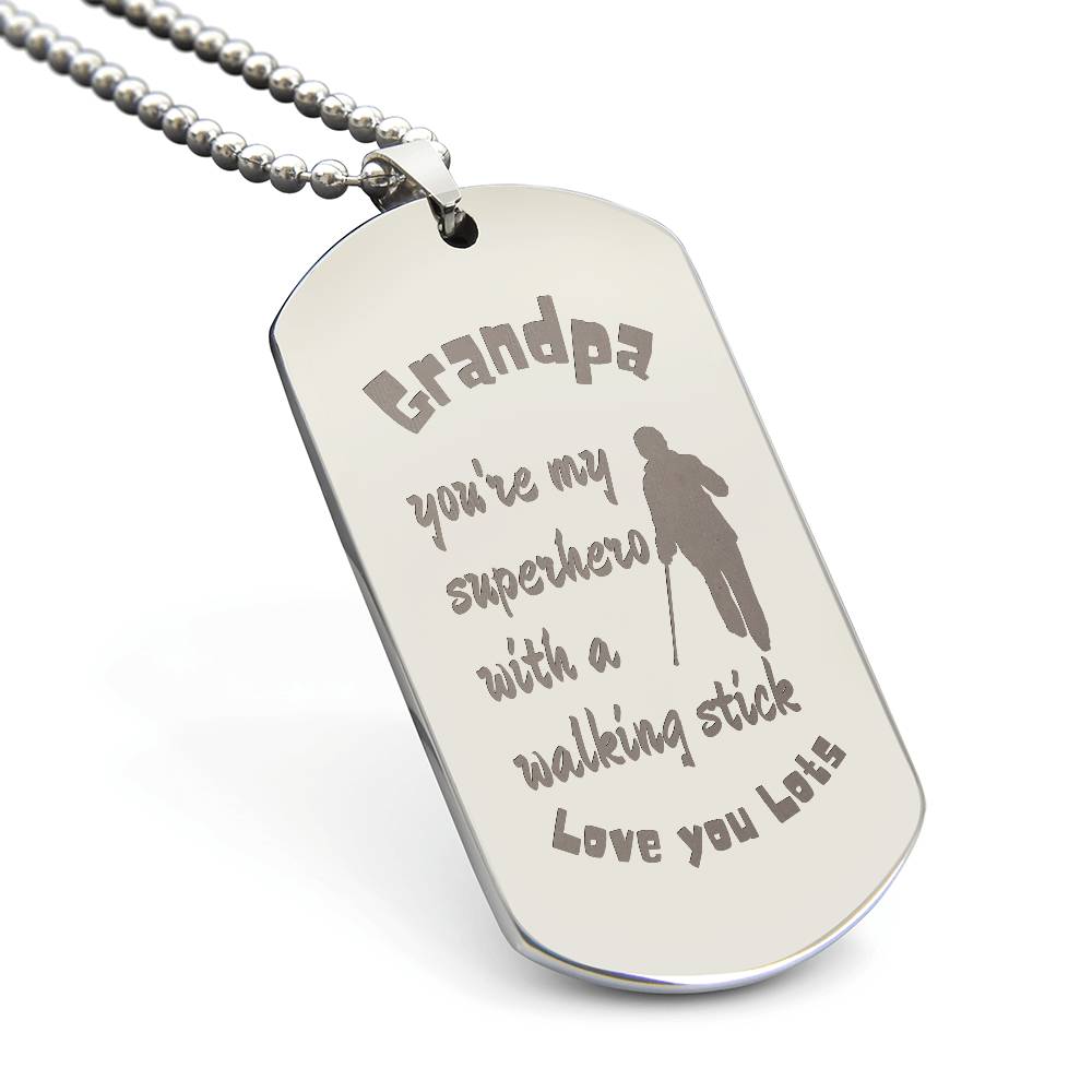 Engraved Dog Tag Necklace with Ball Chain | Personalized Unique Sentimental Gift for Grandfather who has everything | Superhero with Walking Stick