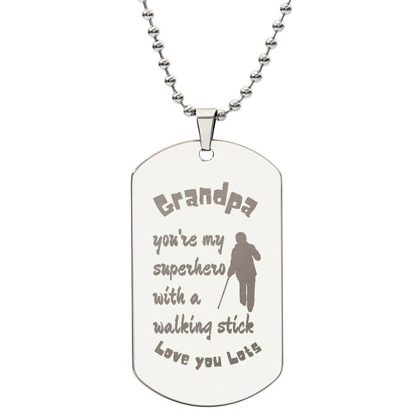 Engraved Dog Tag Necklace with Ball Chain | Personalized Unique Sentimental Gift for Grandfather who has everything | Superhero with Walking Stick