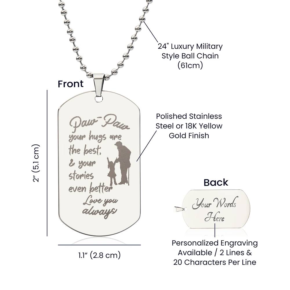 Engraved Dog Tag Necklace with Ball Chain | Personalized Unique Sentimental Gift for Grandfather who has everything | PawPaw Stories