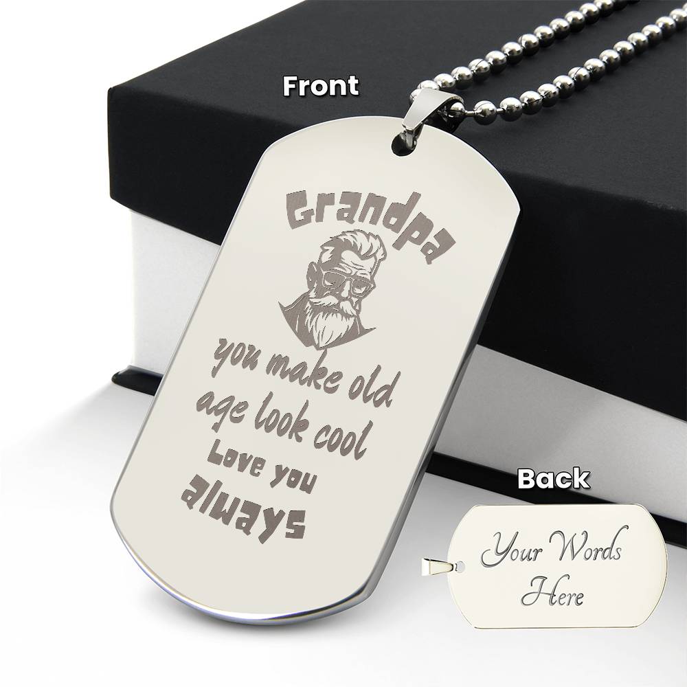 Engraved Dog Tag Necklace with Ball Chain | Personalized Unique Sentimental Gift for Grandfather who has everything  | Cool Grandpa
