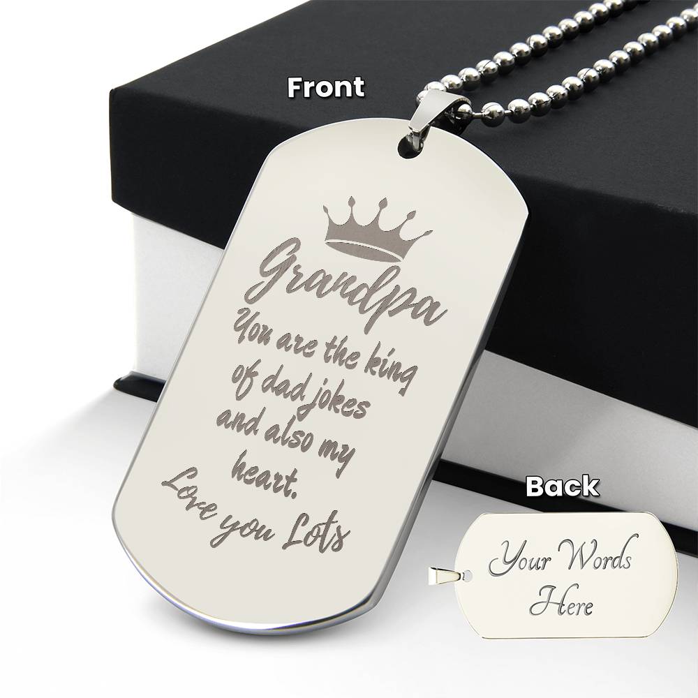 Engraved Dog Tag Necklace with Ball Chain | Personalized Unique Sentimental Gift for Grandfather who has everything | King of Dad Jokes