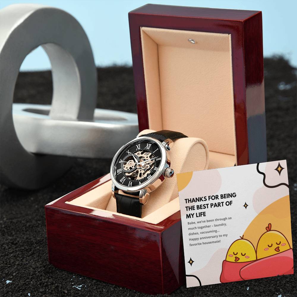 Skeleton Watch with Funny Message Card for Hubby | Humorous Anniversary or Birthday Gift for Husband | My Favorite Housemate
