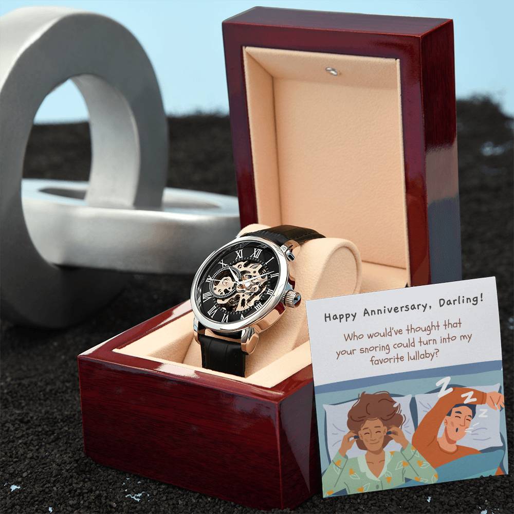 Skeleton Watch for Hubby | Openwork Timepiece with Funny Message Card | Perfect Anniversary or Birthday Gift | Favorite Lullaby