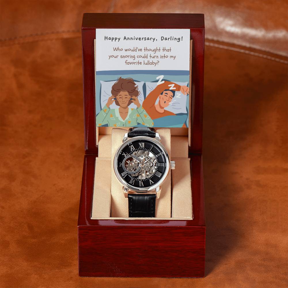 Skeleton Watch for Hubby | Openwork Timepiece with Funny Message Card | Perfect Anniversary or Birthday Gift | Favorite Lullaby