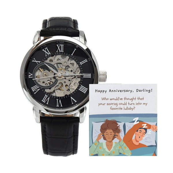 Skeleton Watch for Hubby | Openwork Timepiece with Funny Message Card | Perfect Anniversary or Birthday Gift | Favorite Lullaby