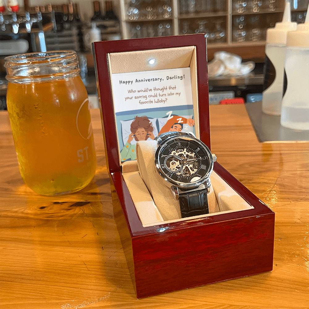 Skeleton Watch for Hubby | Openwork Timepiece with Funny Message Card | Perfect Anniversary or Birthday Gift | Favorite Lullaby