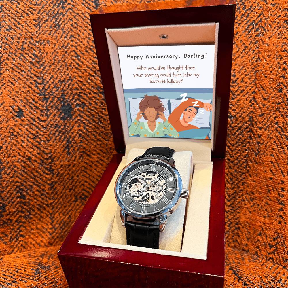 Skeleton Watch for Hubby | Openwork Timepiece with Funny Message Card | Perfect Anniversary or Birthday Gift | Favorite Lullaby