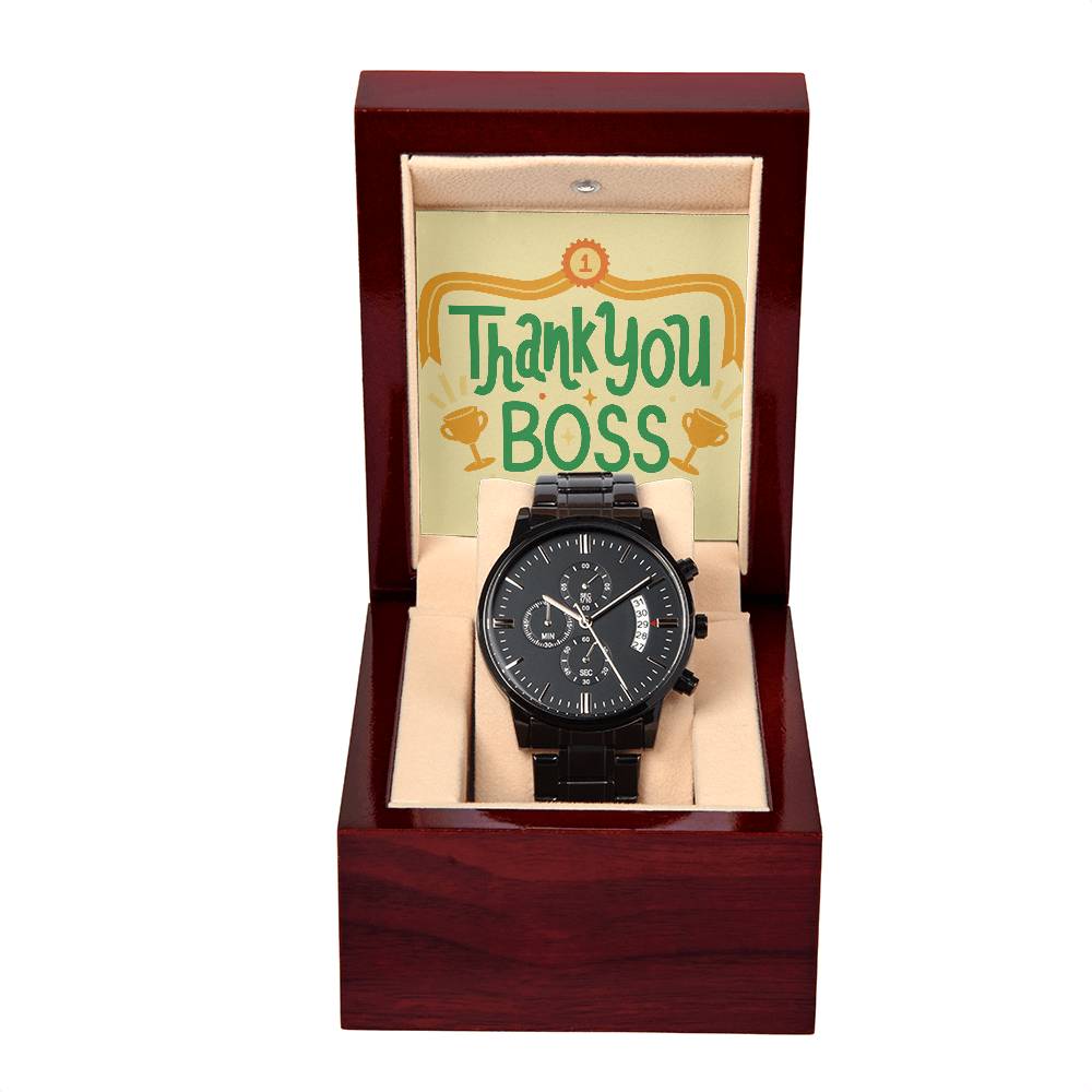 Black Chronograph Watch - The Perfect Gratitude Gift for Boss Appreciation Day | Three Dial | Water Resistant | Scratch Proof | Gift Box | Thank You Message Card