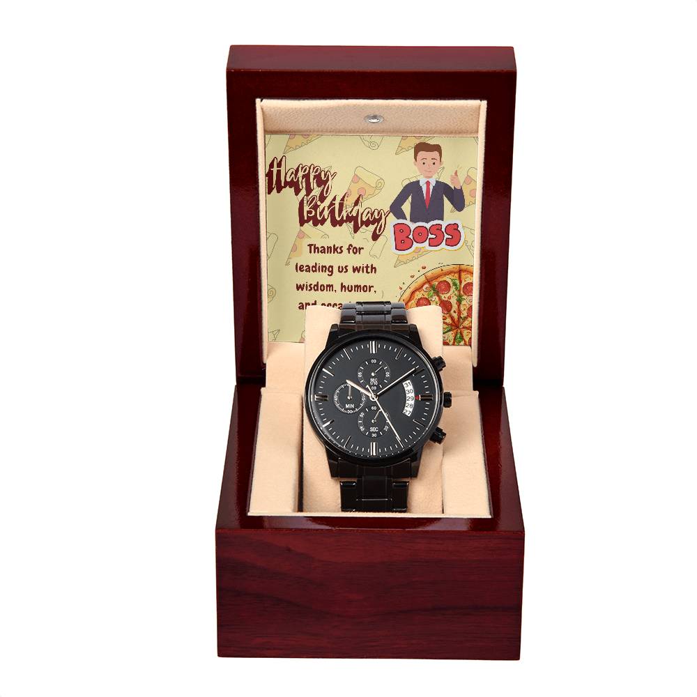 Black Chronograph Watch - The Funny Birthday Gift for Boss | Three Dial | Water Resistant | Scratch Proof | Gift Box | Funny Pizza Lover Message Card