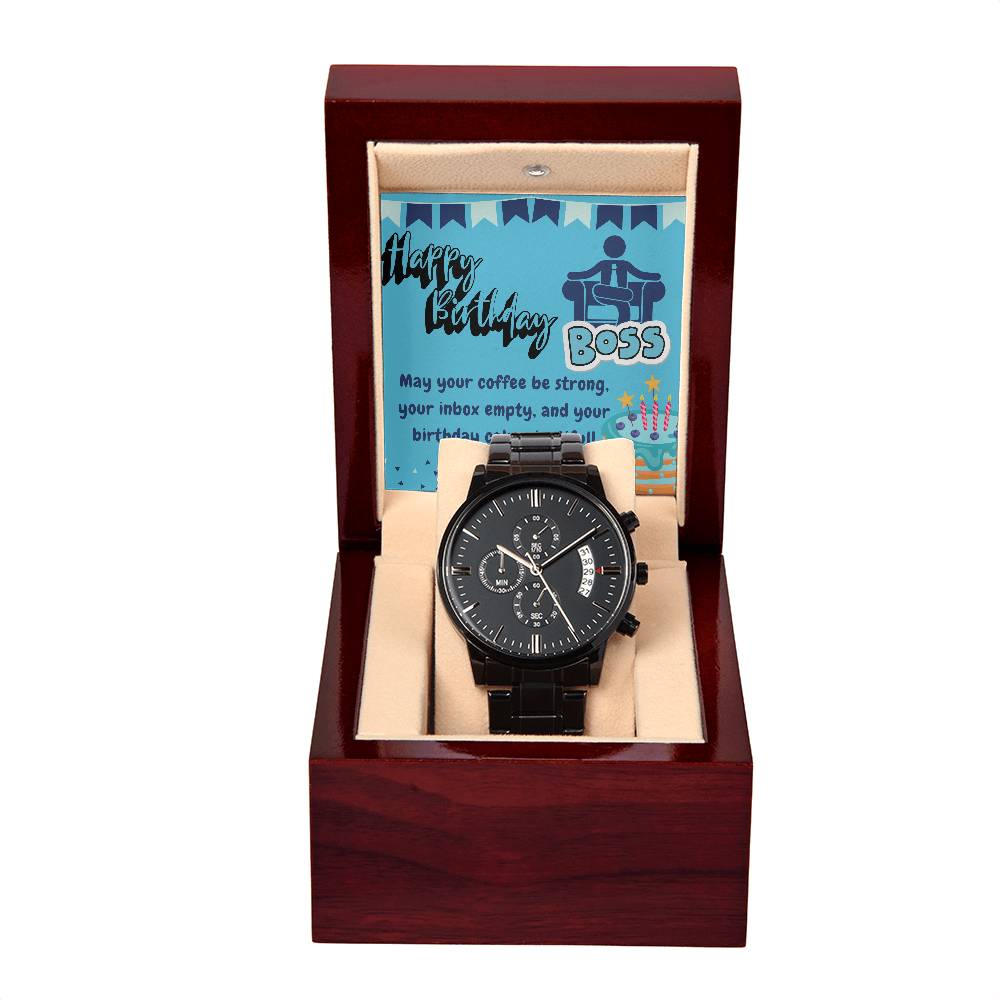 Black Chronograph Watch - The Perfect Birthday Gift for Boss | Boss Appreciation Day | Three Dial | Water Resistant | Scratch Proof | Gift Box | Message Card